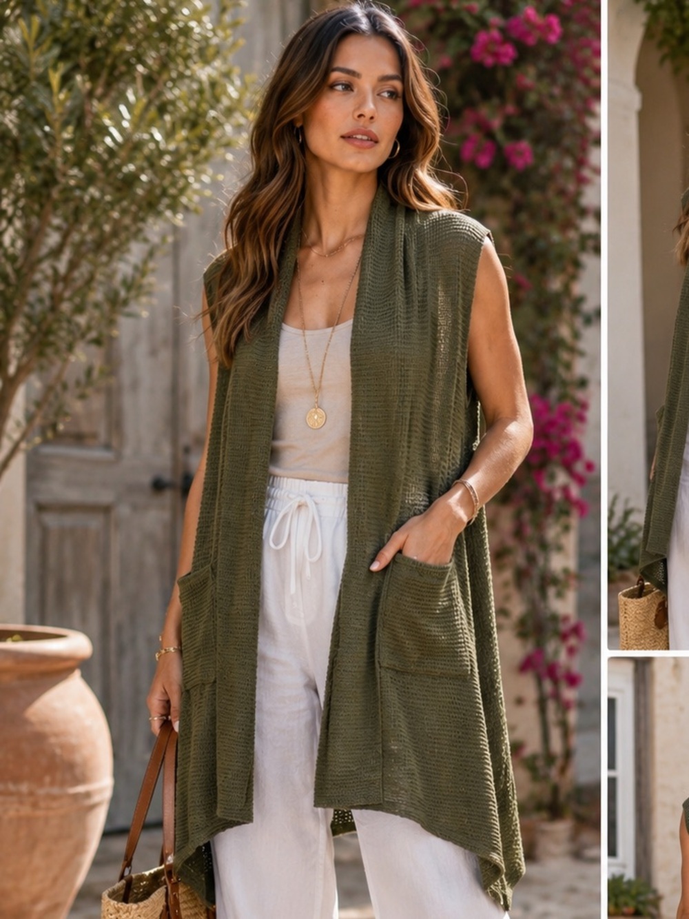 ShopEvelynne Olive Open-Front Sleeveless Knit Vest